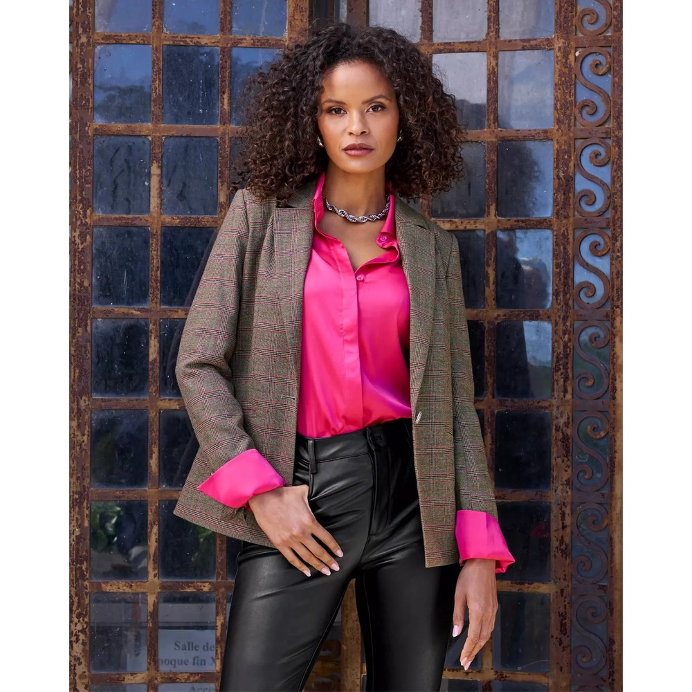 Boston Proper‎ Brown/Gray/Pink Plaid Crest Button Blazer Jacket Women's Size 8